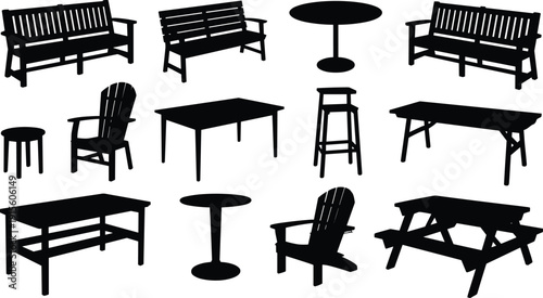 Silhouettes of outdoor furniture including benches, chairs, stools, tables, and picnic table, vector illustration for patio, garden, and seating design