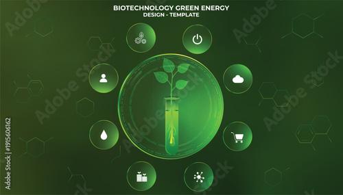 Infographic glassmorphism with a chemistry test tube filled with green liquid and plant sprout, symbolizing sustainable green energy. Eight interactive glowing buttons with customizable options. Tech