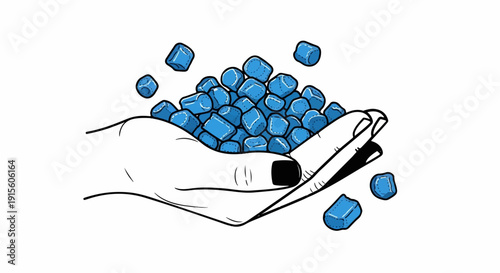 Hand holding a pile of blue, cube-shaped candies, some falling