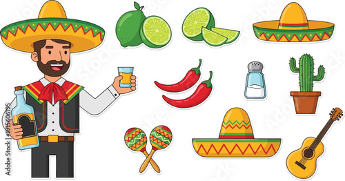 Mexican fiesta sticker set with tequila, sombrero, lime, chili, cactus, maracas, guitar