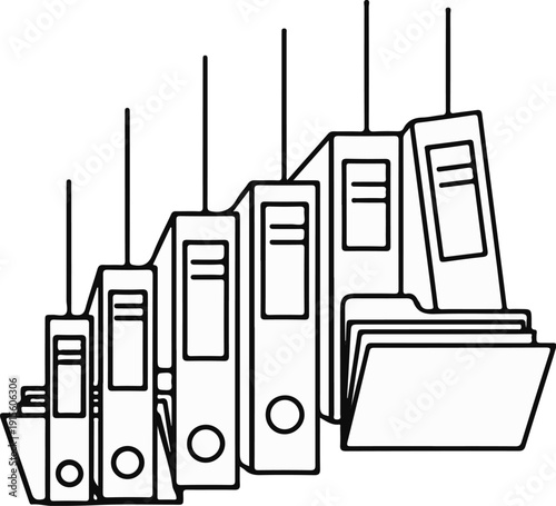 Line art illustration of binders and file folders organized in ascending order of height