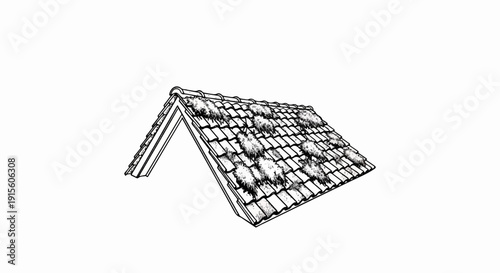 Hand-drawn depiction of a weathered roof with mossy tiles