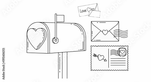 Heart-adorned mailbox with love letters and postage stamps