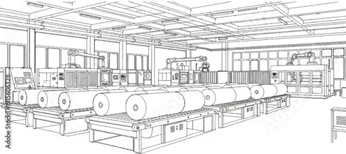 Industrial factory with automated machines and large paper rolls on conveyor belts