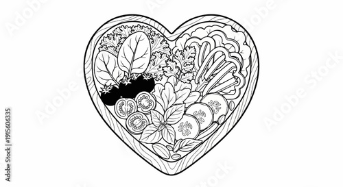Heart-shaped dish filled with fresh, healthy vegetables and greens