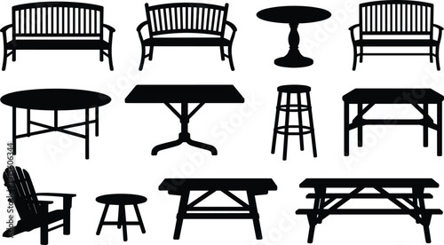 Silhouettes of outdoor furniture including benches, tables, stools, and chairs, vector illustration for patio, garden, and seating design themes