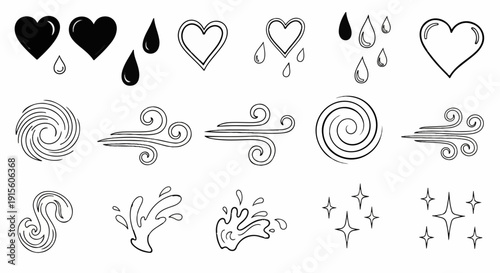 Hand-drawn elemental symbols hearts, rain, wind, water, and stars