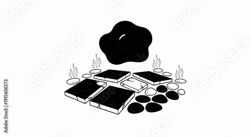 Hot stones arranged in a circle with a large blob above, steam rising