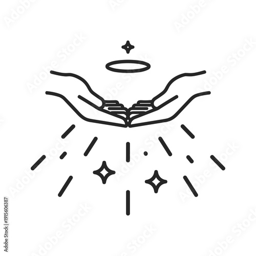 Hands holding open book with halo and stars, simple line art