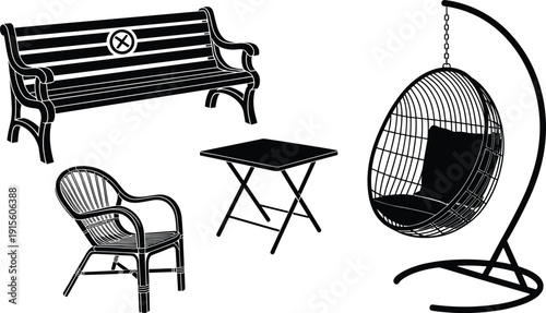Silhouettes of outdoor furniture including park bench, folding table, rattan chair, and hanging egg chair, vector illustration for patio and garden design