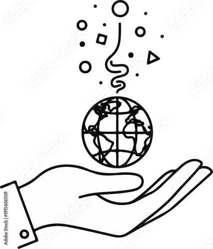 Hand holding globe with abstract shapes and lines emerging upwards