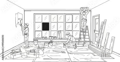 Home renovation scene with workers painting and installing materials