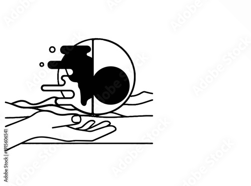 Hand holding globe with water and oil spill