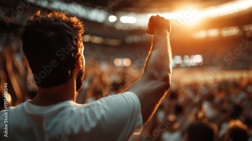 A passionate sports fan raises their fist in excitement at a game, symbolizing the electrifying atmosphere of sports events and the deep emotions they evoke in spectators.