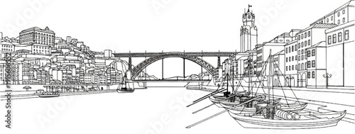 Historic waterfront with bridge and traditional boats