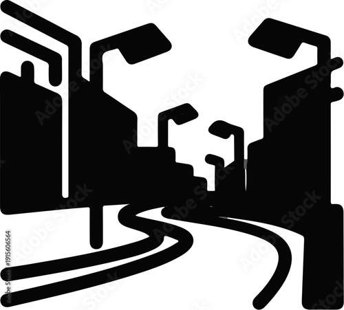 Industrial complex silhouette with roads and streetlights