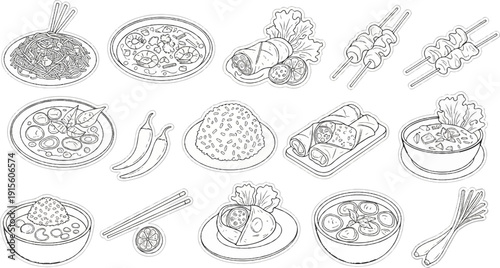 Line art illustrations of diverse Asian dishes and ingredients arranged across the frame
