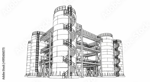 Industrial complex with silos and spiral staircases