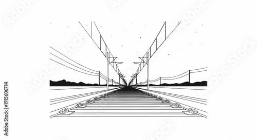 High-angle view of train tracks receding into a starry sky