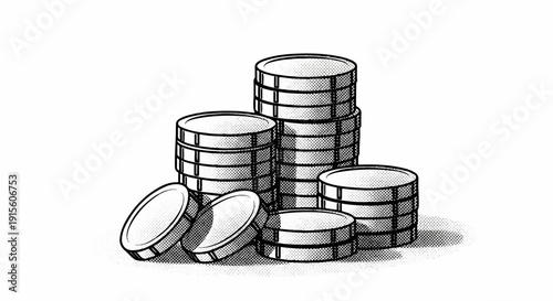 Illustration of stacks of coins, some standing and some tilted