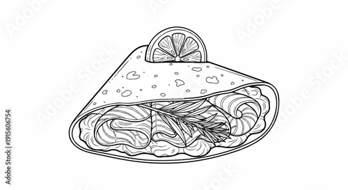 Hand-drawn line art of a filled flatbread with a lemon slice on top