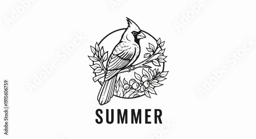 Line art of a cardinal perched on a branch with berries and leaves, under the word SUMMER