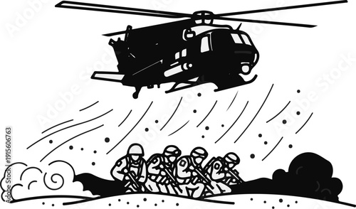 Helicopter hovers over soldiers taking cover amidst smoke and debris