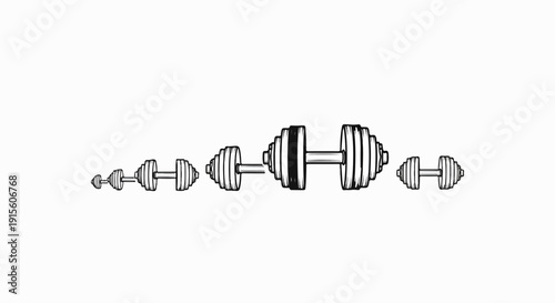 Hand-drawn line art of dumbbells in varying sizes on a white background