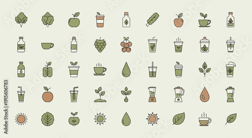 Collection of various green and orange icons representing fruits and beverages displayed on a neutral background from a straightforward viewpoint