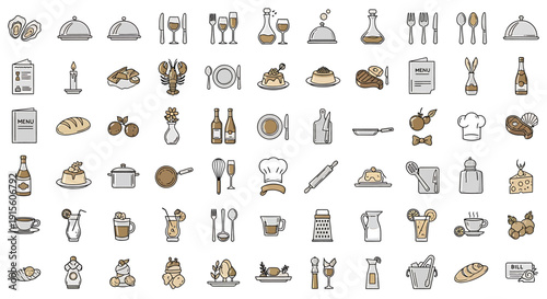 A collection of kitchen utensils and cooking ingredients displayed in a grid of illustrations