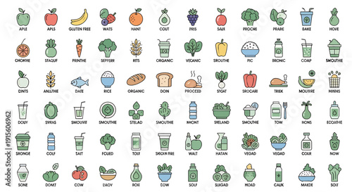 Collection of assorted healthy food icons in a grid layout showcasing various fruits and vegetables