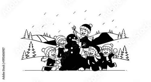 Kids build a snowman in a snowy, mountainous landscape