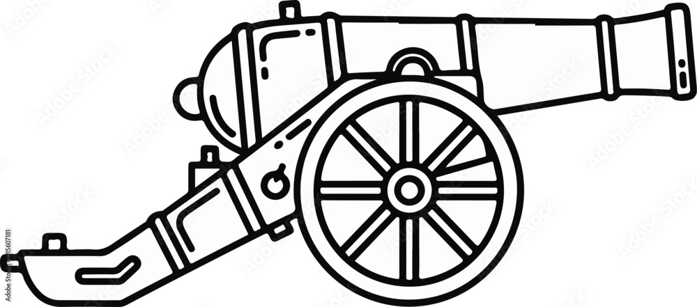 Fototapeta premium Line art of a vintage wheeled artillery cannon pointing right