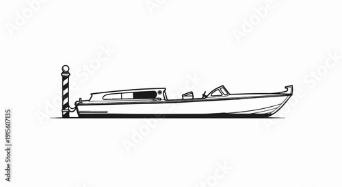 Line art of a sleek motorboat docked beside a striped mooring post