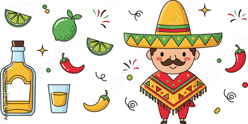 Cute Mexican character with sombrero, tequila bottle, lime, chili party elements