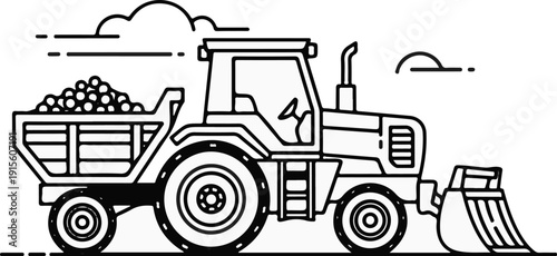 Line art of a tractor with a front loader and a trailer full of balls