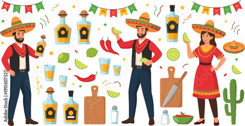 Mexican fiesta party set with tequila bottles, lime, chili, sombrero, cactus