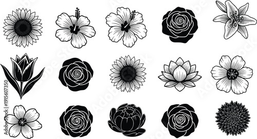 Black and white floral icon set featuring sunflower, rose, lily, lotus, tulip and hibiscus vector illustrations isolated on light background for graphic design projects.