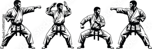 Black Belt Karate Martial Artist Demonstrating Traditional Fighting Stances and Punch Techniques, Isolated Vector Illustration for Combat Sports, Self Defense Training Concept