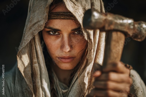 The biblical character Jael holds a hammer in her hand.