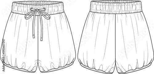 Technical Fashion Sketch of Women's Distressed Denim Shorts Featuring a Paperbag Waist With Ribbon Tie and Front Back Views Vector