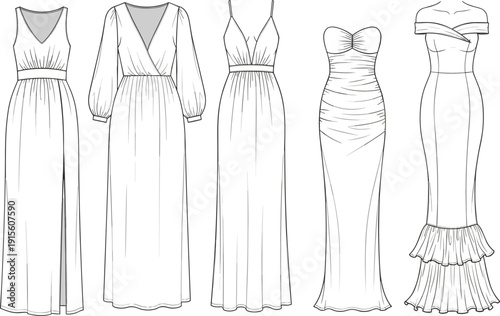 Technical Fashion Sketch Set Featuring Elegant Women Evening Gowns and Maxi Dresses with Various Necklines and Silhouettes for Design Development