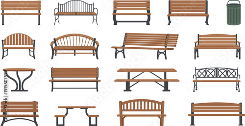 Silhouettes of park benches, picnic tables, and outdoor seating designs, vector illustration for urban planning, landscape architecture, and public furniture themes