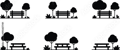 Silhouettes of park scenes with benches, picnic tables, trees, and bushes, vector illustration for outdoor design, landscape, and urban planning themes