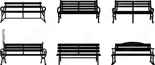 Silhouettes of park benches with varied designs, public seating vector illustration for outdoor furniture, urban planning, and landscape design themes