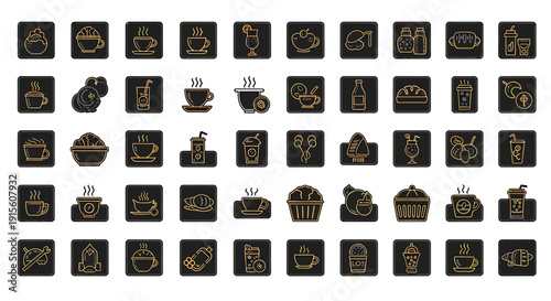 Collection of various food and drink icons in square black frames on a plain background from a straightforward viewpoint.