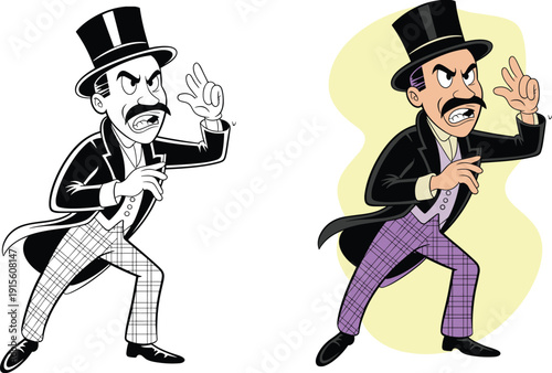 Cartoon illustration of mischievous man in tuxedo and top hat, black-and-white sketch beside colorful version, vintage character design concept highlighting transformation