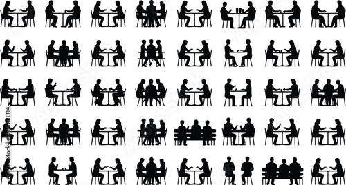 Silhouettes of people seated at tables in pairs and groups, social interaction vector illustration for communication, behavior, and design themes