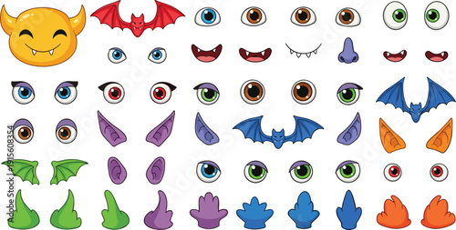 Vector illustration set of cartoon monster character creator elements including colorful eyes, wings, ears, and horns for design