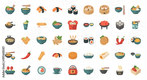 Assorted Japanese cuisine icons displayed in a grid layout showcasing various dishes and ingredients
